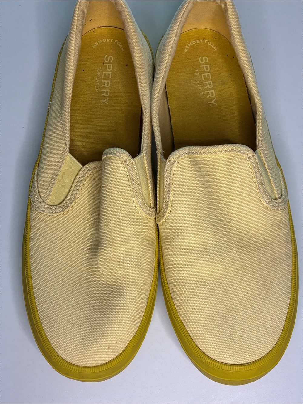Sperry Cream Canvas Slip-On Loafers with Yellow Sole